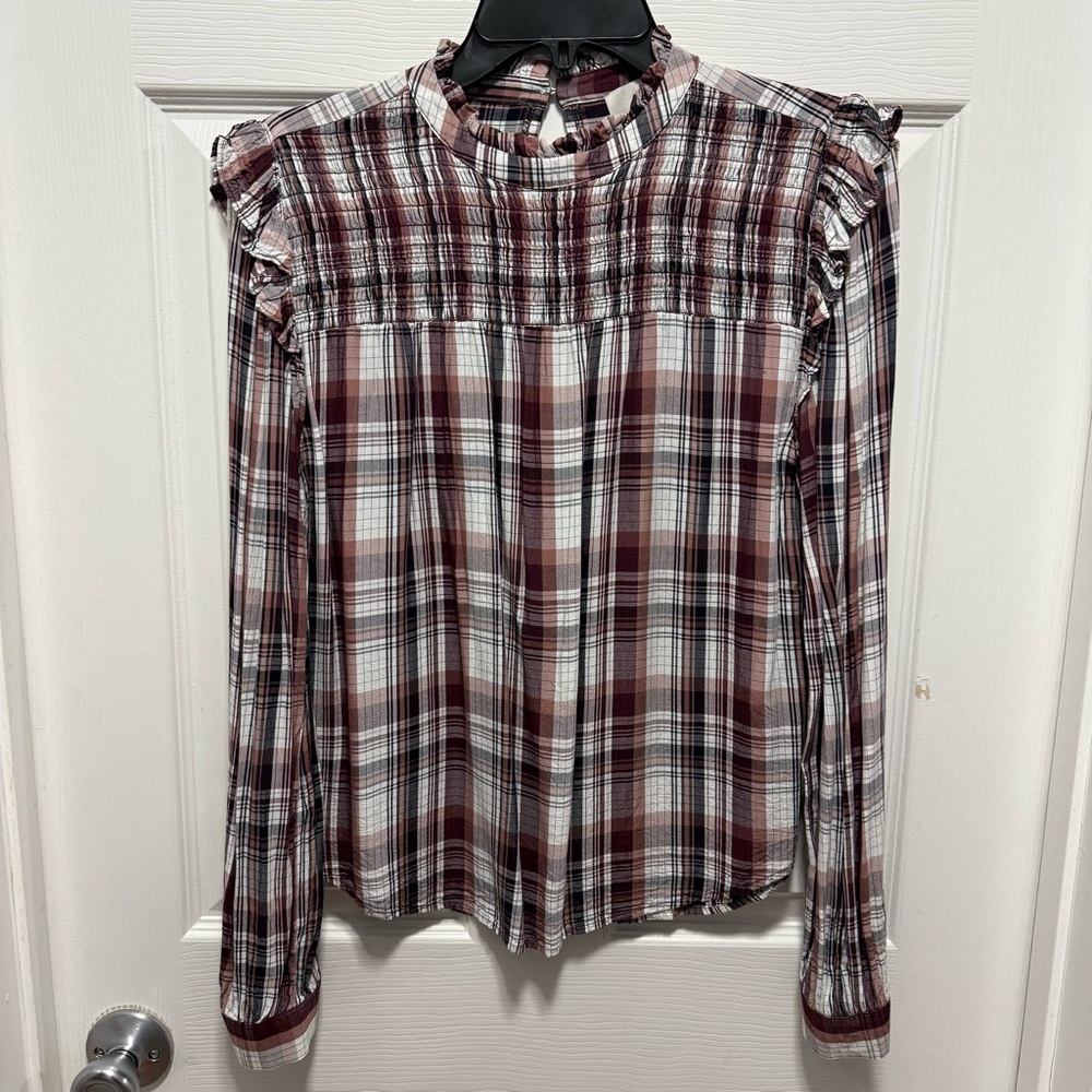 LOFT Burgundy and White Plaid Ruffle Yoke Long-Sleeve Top